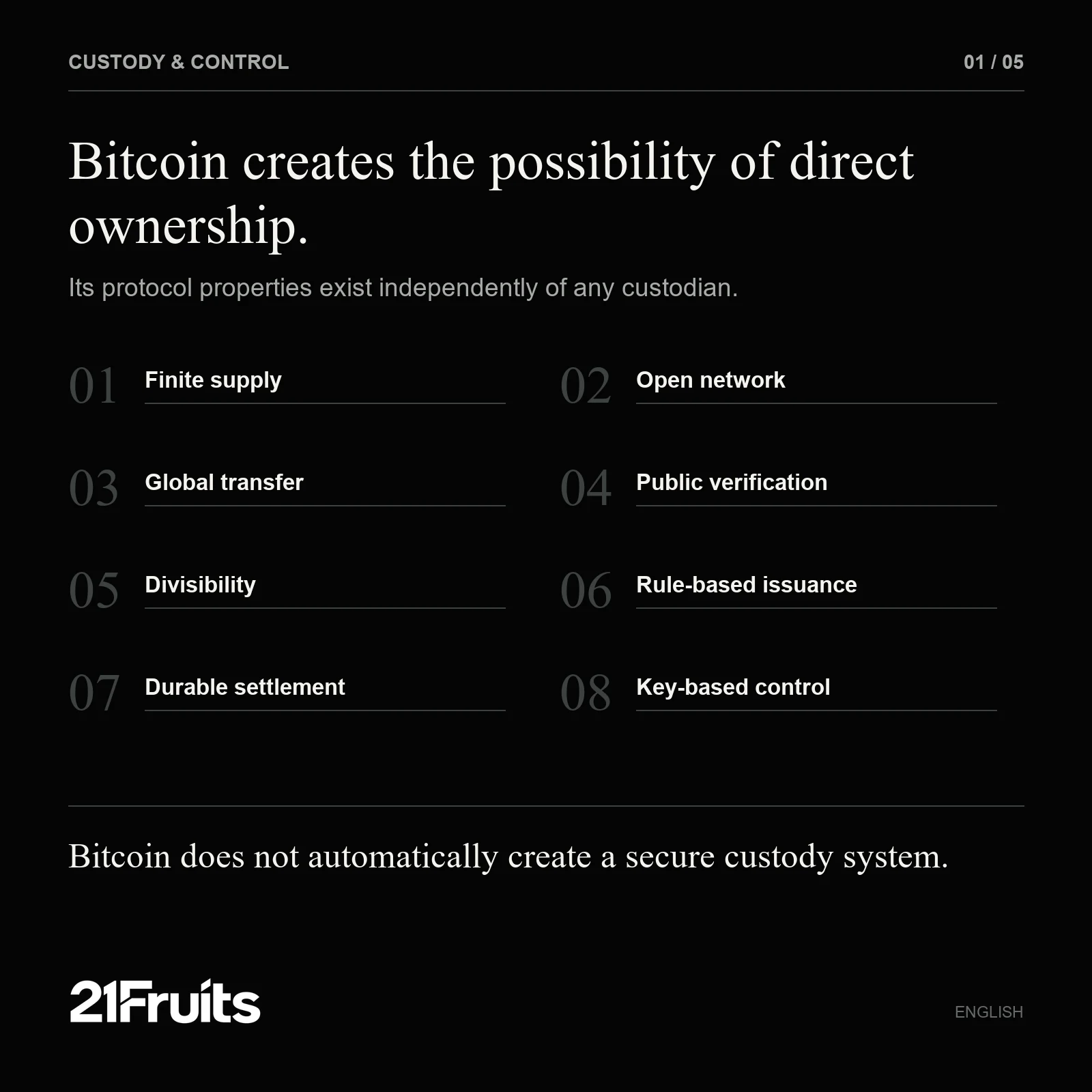 Bitcoin properties and the distinction between protocol and custody system