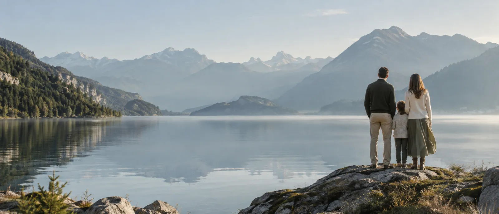 A family looking across a quiet alpine lake toward distant mountains